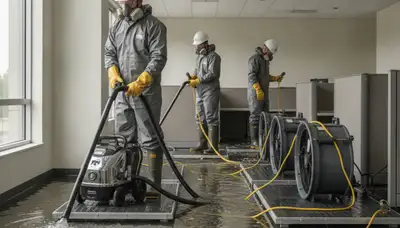 Burst pipe cleanup crew restoring water-damaged home in Simi Valley, CA