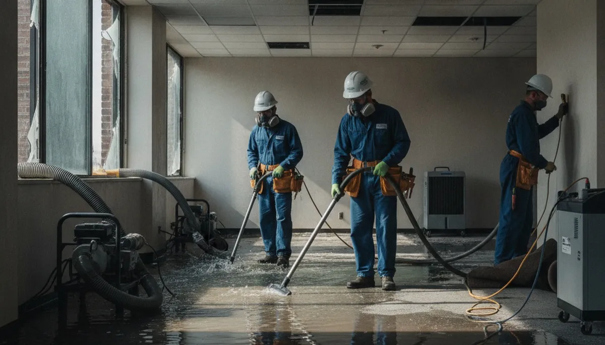 Commercial water damage restoration team in Simi Valley, CA drying flooded property with equipment