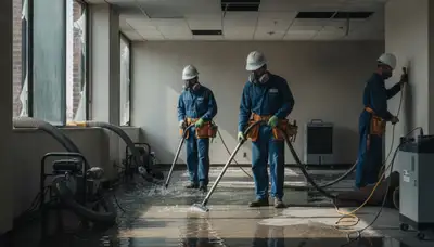 Commercial water damage restoration team in Simi Valley, CA drying flooded property with equipment