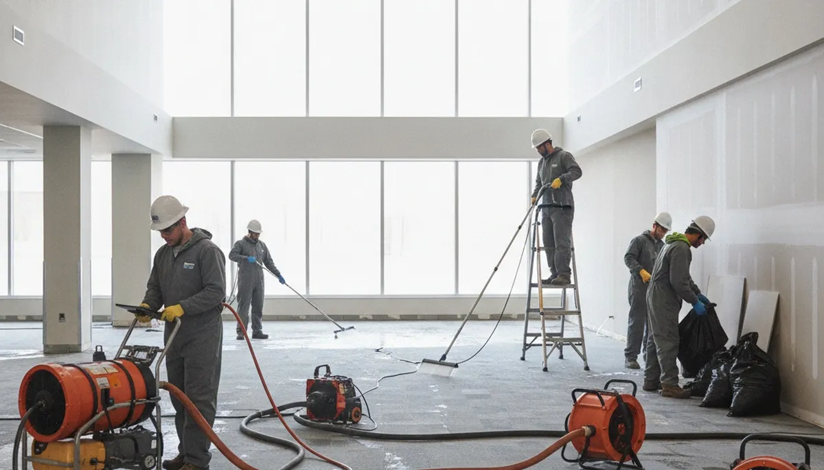 Commercial water damage restoration crew in Simi Valley, CA removing flood water and drying a property