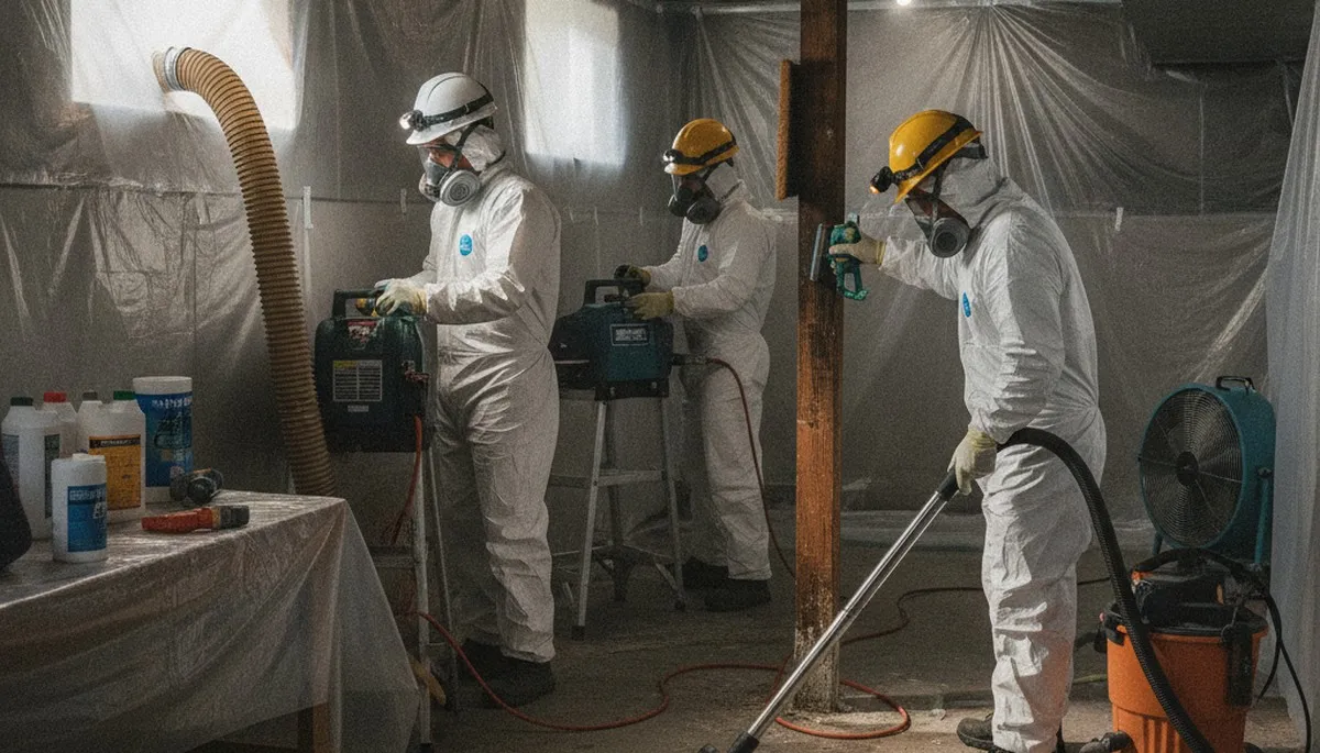Mold removal technician inspecting moisture damage in a Simi Valley, CA home