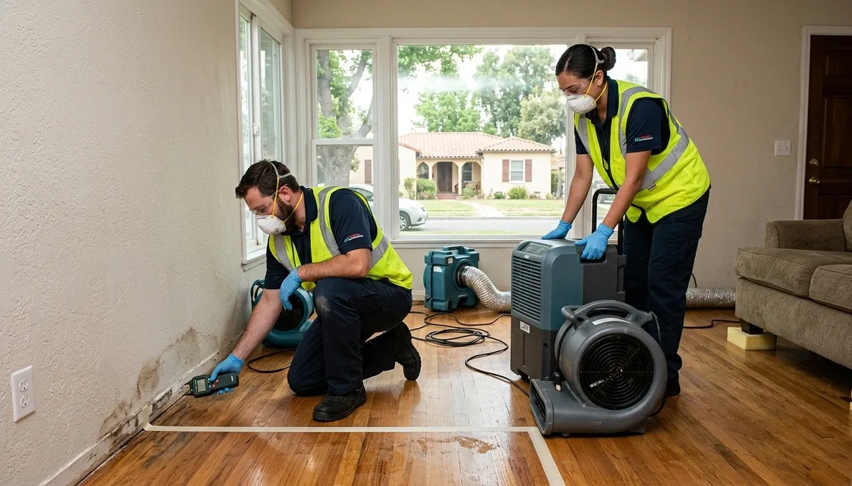 Water damage restoration team in Simi Valley, CA inspecting and drying a damaged property