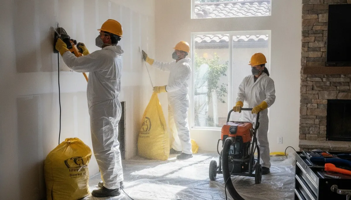 Water damage restoration team in Simi Valley, CA inspecting and drying a damaged property